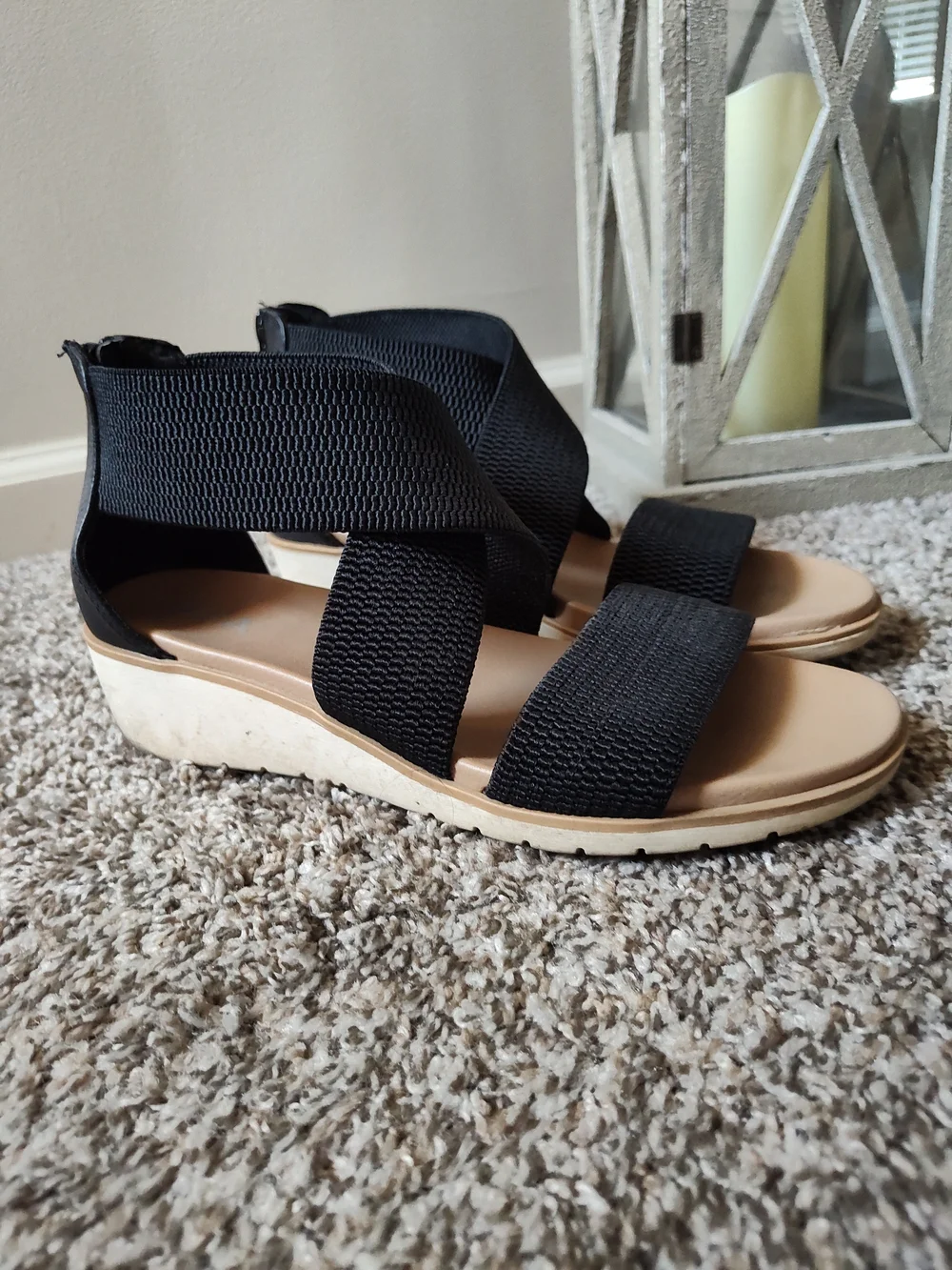 MIA Black Elastic Crisscross Wedge Sandals with Tan Footbed